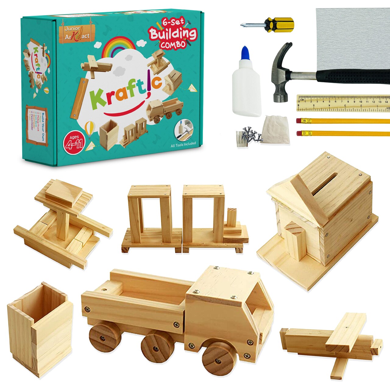 Kraftic Woodworking Building Kit for Kids and Adults, with 6 Educational  Arts and Crafts DIY Carpentry Construction Wood Model Kit Toy Projects for  Boys and Girls